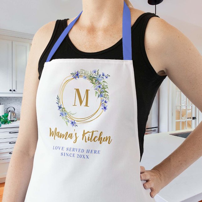 Delantal Mamá Apron Blue Meadow Wildflowers Monograma de or (mom apron blue gold personalized christmas gift wildflowers wreath elegant pretty cute chic cooking )