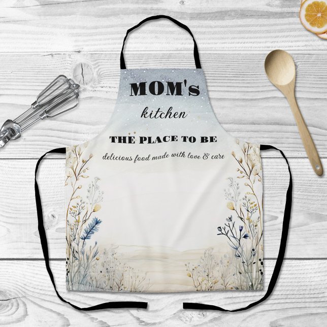 Delantal Mamá de flores silvestres simples (Apron featuring wildflowers in tan and dusty blue. Mom's birthday or Mother's Day)