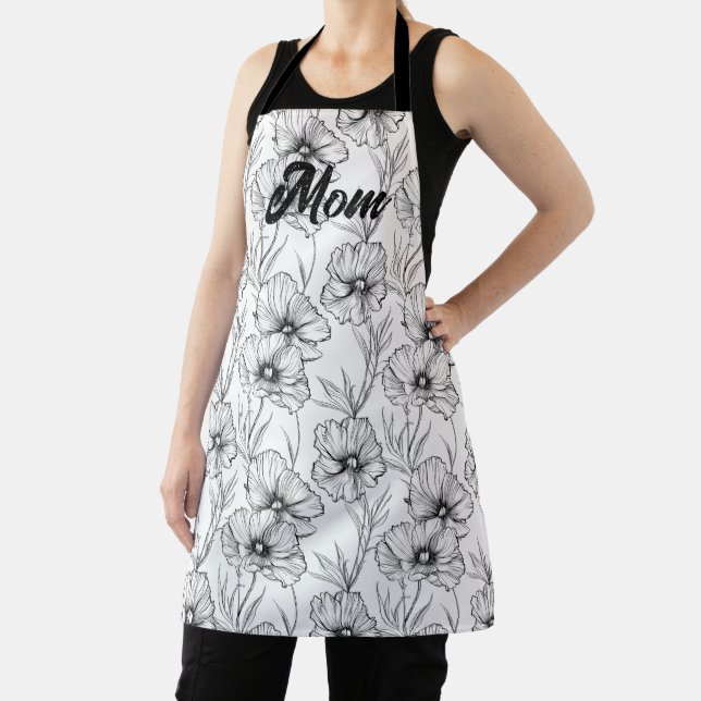 Delantal Mamá floral blanca y negra moderna personalizada (in situ)