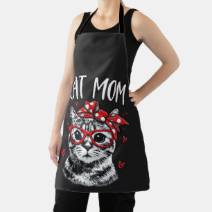 Delantal Mamá Gata Adorable con Gafas y Bandana Cocina Negr