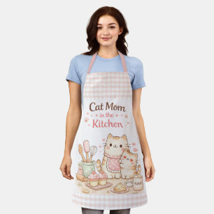 Delantal Mamá Gata en la Cocina Kawaii Pastel Cuadros Rosa
