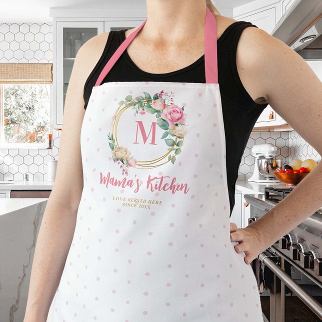 Delantal Mamá obsequia a Rosa rosado de Rubor Polka puntos  (mom apron personalized christmas gift pink blush roses floral gold geometric frame monogram polka)