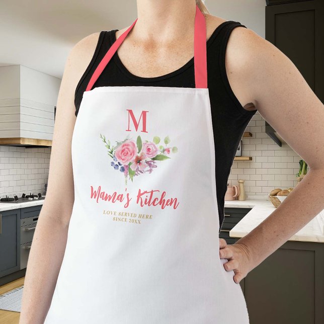 Delantal Mamá obsequia Rubor rosa Flores caprichosas Monogr (mom apron personalized monogram christmas gift whimsical flowers pink blush green cute pretty design)