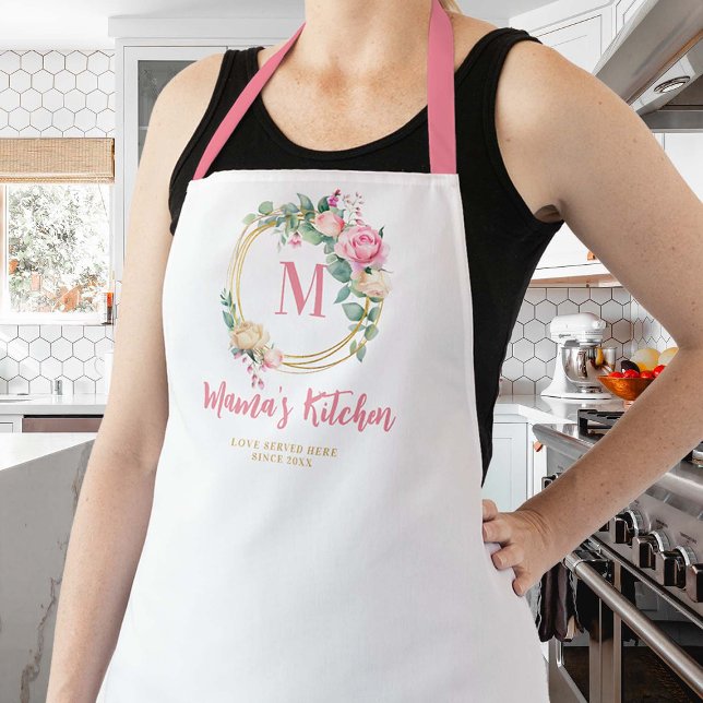 Delantal Mamá regala Rosas rosados de Rubor Flores Monogram (mom apron pink blush roses floral personalized christmas gift monogram gold geometric pretty cute )