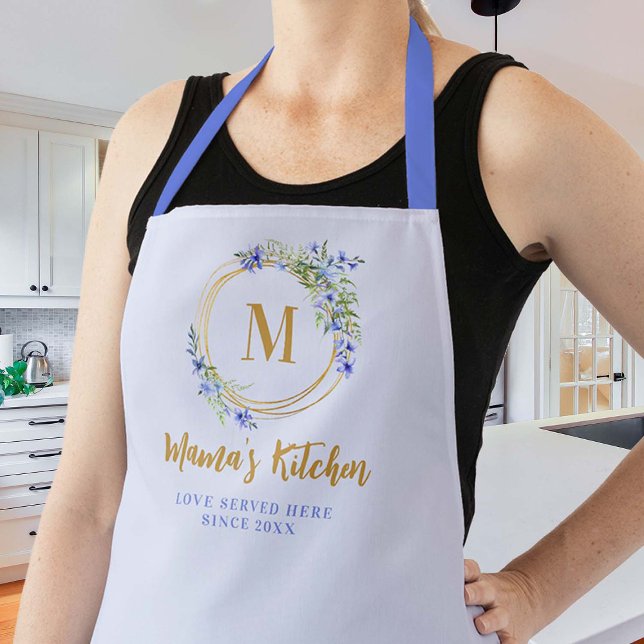 Delantal Mamá regalo Blue Meadow Moda de flores silvestres  (mom apron christmas gift blue wildflowers wreath monogram gold geometric elegant pretty cute chic)