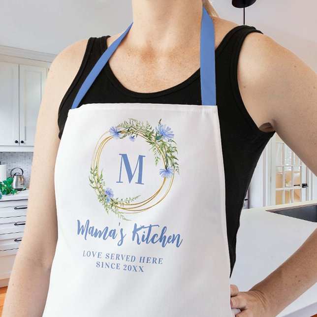 Delantal Mamá regalo Cornflowers Blue Wreath Monograma de o (personalized mom apron blue cornflowers wreath gold geometric custom monogram christmas gift cute)