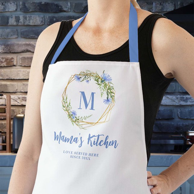 Delantal Mamá Regalo Flores Azules Monograma Geométrico Oro (mom apron personalized christmas gift monogram blue cornflowers gold geometric flowers frame pretty)