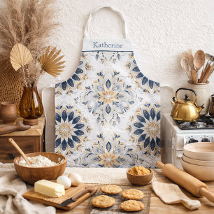 Delantal Mandala dorado azul marino elegante personalizado