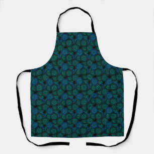 Delantal Mandala redonda azul turquesa sobre fondo negro