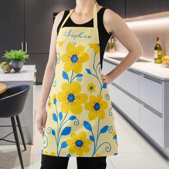 Delantal Mantequilla floral amarilla y azul (Monogram Butter Yellow and Blue Floral Apron)