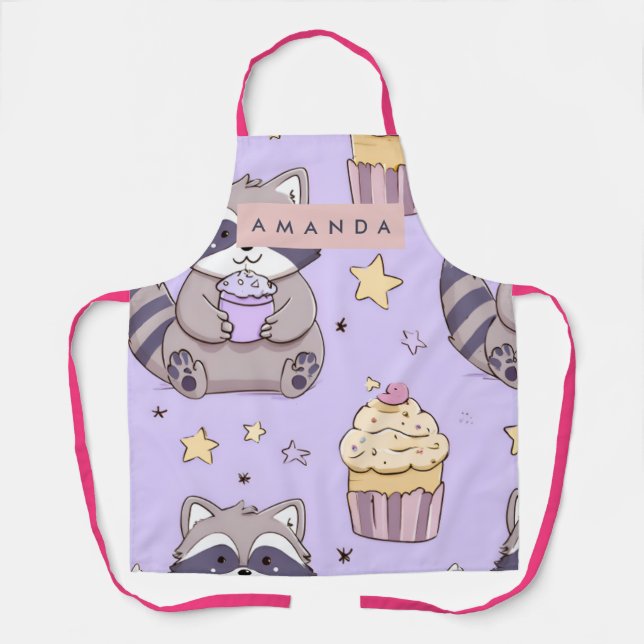Delantal Mapaches Kawaii Personalizados con Patrón de Cupca (Anverso)