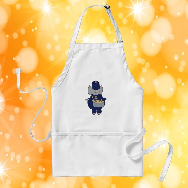 Delantal Marching Band Drummer Cat Navy Blue Gold (An apron with a snare drum playing cat in a navy blue and gold marching band uniform.)
