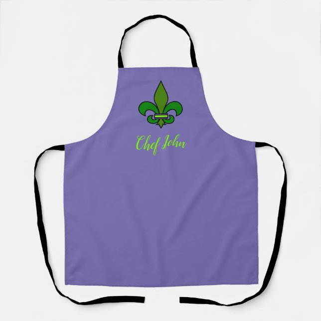 Delantal Mardi Gras Fleur de Lis Apron Morado y Verde (Anverso)