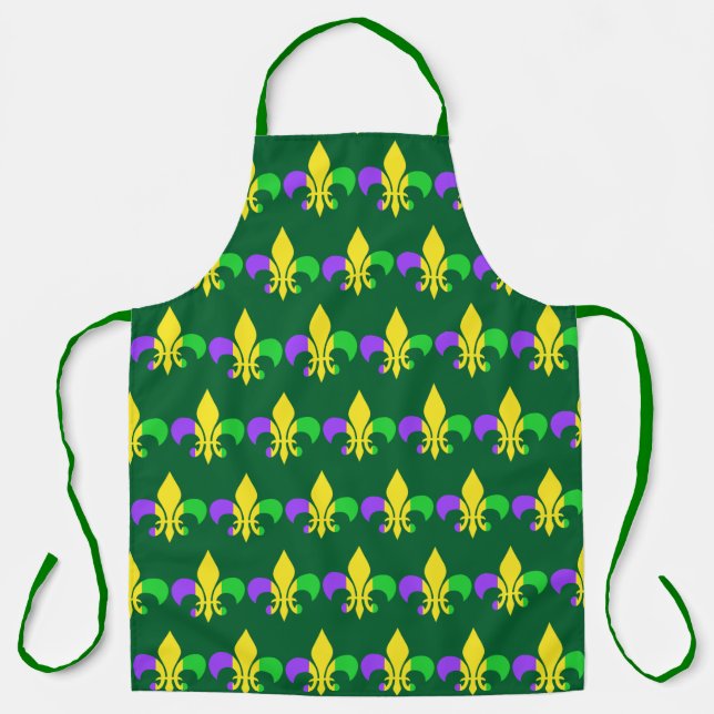 Delantal Mardi Gras Fleur-de-Lis Verde amarillo morado (Anverso)
