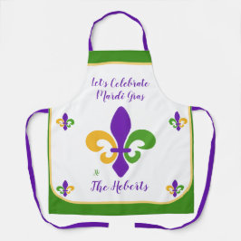 Delantal Mardi Gras NAME Green Gold Purple Fleur de Lis