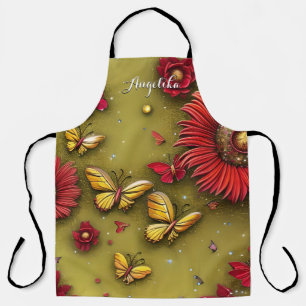 Delantal Margaritas Rojas Mariposas Doradas Nombre Personal