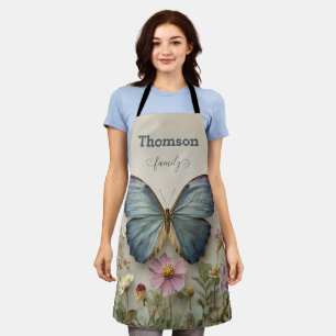 Delantal Mariposa Azul Vintage Floral Jardín Familia