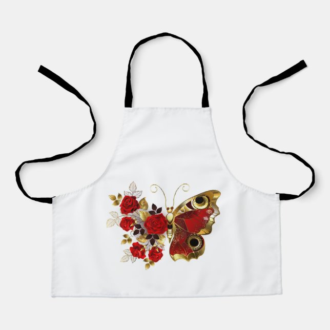 Delantal Mariposa de flor roja con rosas rojas (Anverso)