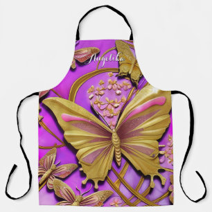 Delantal Mariposa Dorada Rosa Caliente Nombre Personalizado