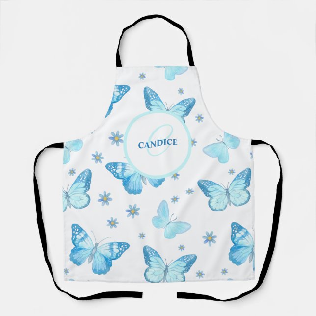 Delantal Mariposa floral azul personalizada (Anverso)