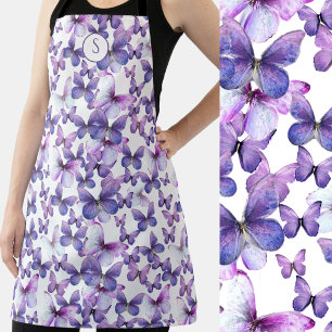 Delantal Mariposas Moradas Moderno Elegante Monograma Perso