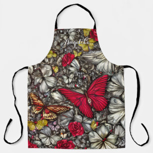 Delantal Mariposas Rojas y Negras Nombre Personalizado