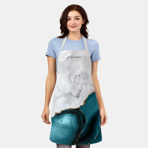 Delantal Mármol Blanco Personalizado Ágata Azul Teal Dorado