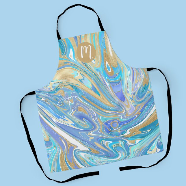 Delantal Mármol y monograma líquido de oro de Pearlescent A (Aqua Pearlescent Marble Design with Monogram Apron)