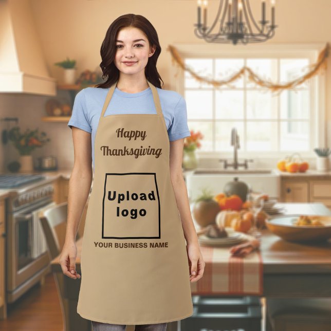 Delantal Marrón claro | Acción de gracias | Negocios | Dela (Business name and logo with Thanksgiving greeting on light brown apron)