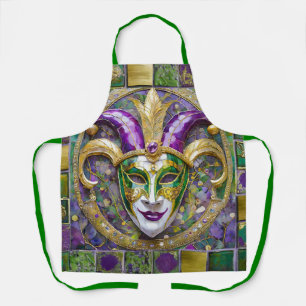 Delantal Máscara de Jester Mardi Gras verde dorado