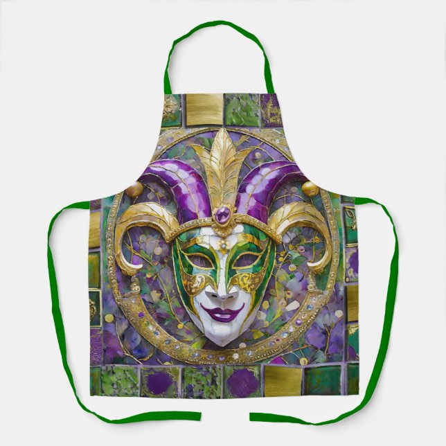 Delantal Máscara de Jester Mardi Gras verde dorado (Anverso)