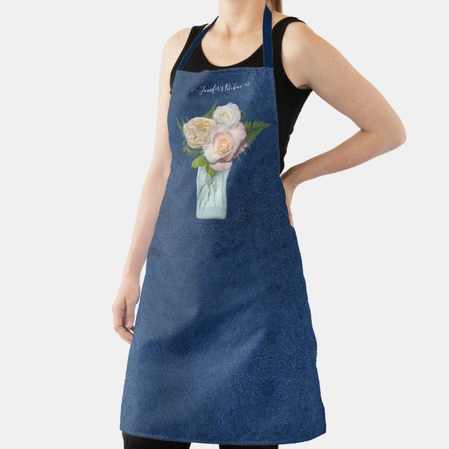 Delantal Mason Jar Rosa Peony Floral Rubor Marina Azul con  (in situ)