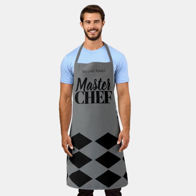 Delantal Master Chef nombre de damero gris negro personaliz (Gastado)