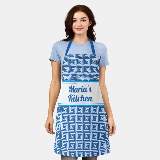 Delantal Meander griego tradicional con clave azul (Gastado)
