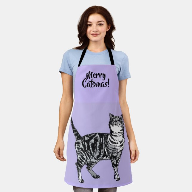 Delantal Medias de Navidad de gato atigrado púrpura lavanda (Gastado)