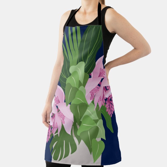 Delantal Medinilla tropical Flor rosa en azul oscuro (in situ)