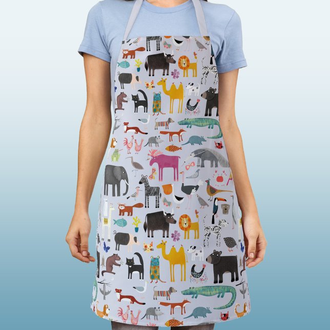 Delantal Menagerie animal (Animal fun apron with jungle, zoo, farm and pet animals and birds)