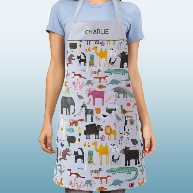 Delantal Menagerie personalizada (Fun animal menagerie zoo, wildlife, jungle, safari & pet animals and bird pattern personalized apron)