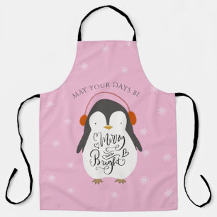 Delantal Merry Bright Penguin Whimsical Navidades Rosa