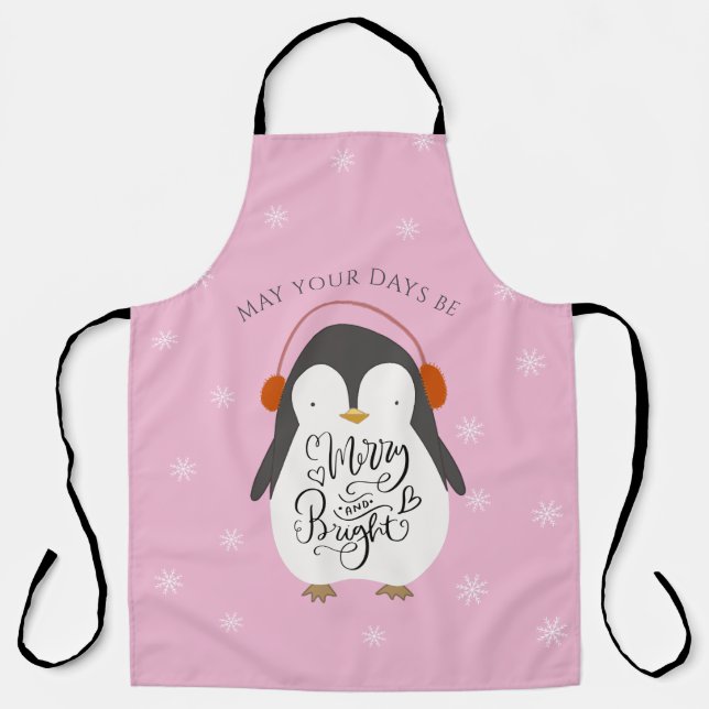 Delantal Merry Bright Penguin Whimsical Navidades Rosa (Anverso)
