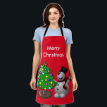 Delantal Merry Christmas Tree 3D Snowman Red Medium<br><div class="desc">Feliz Árbol de Navidad 3D Snowman Red Medium impreso en todo el delantal. Un personalizado adorable decoró el árbol de Navidad con un muñeco de nieve y un saludo de Navidades que puedes personalizar.</div>