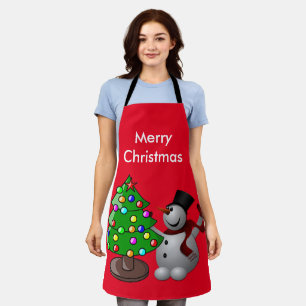 Delantal Merry Christmas Tree 3D Snowman Red Medium