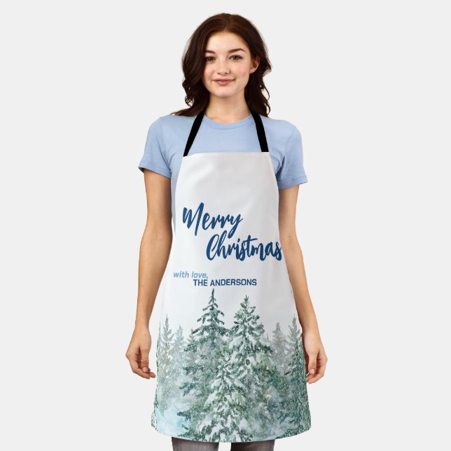 Delantal Merry Christmas tree forest Watercolor script (Gastado)