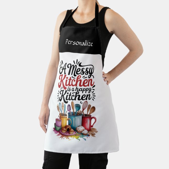 Delantal Messy Kitchen Happy Kitchen Funny Quote Humor Name (in situ)