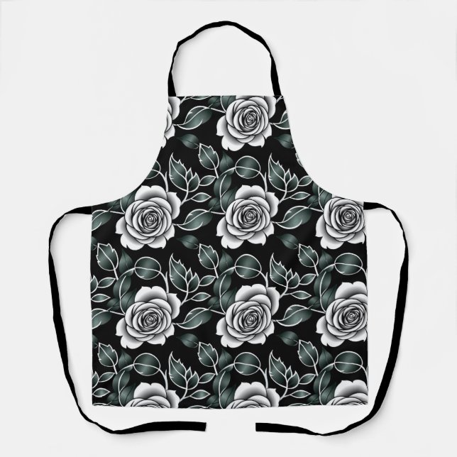 Delantal Metallic Silver Roses With Dark Green Leaves (Anverso)