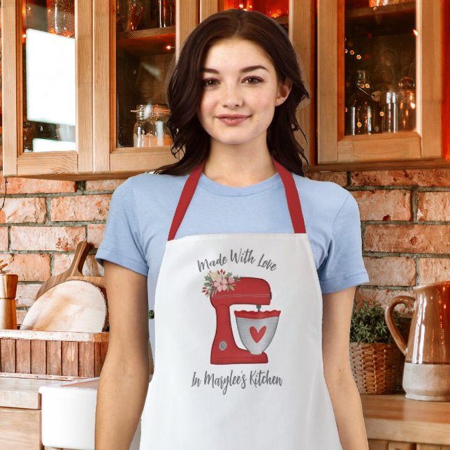 Delantal Mezclador de tartas florales de Navidades rojos cu (A cute red christmas mixer decorates this apron. Personalize it with your name.)