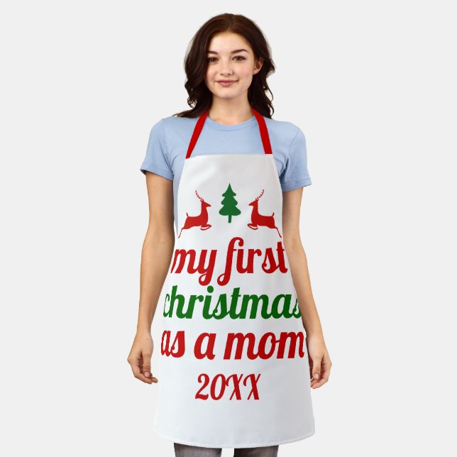 Delantal "Mi primera Navidad como mamá" árbol verde ciervo  (Gastado)