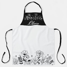 Delantal Minimalistic Black & White Wildflower Name Custom