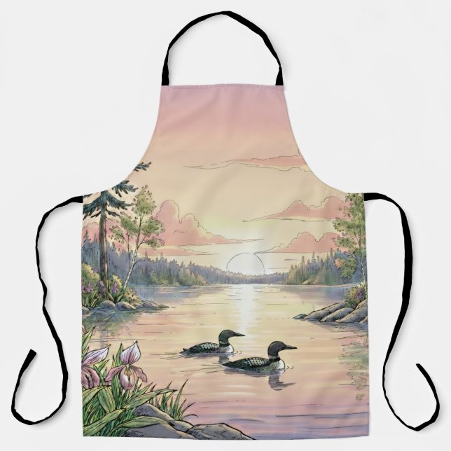 Delantal Minnesota Lake Sunset with Loons, Apron (Anverso)