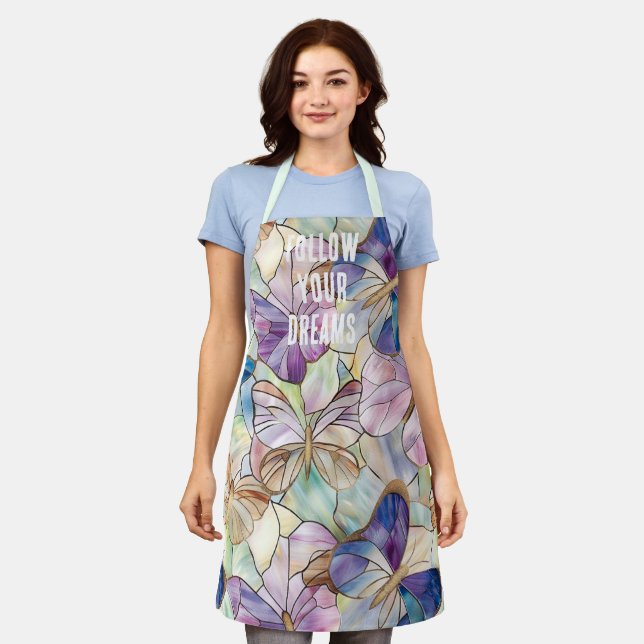 Delantal Mint Aqua Blue Purple Butterflies (Gastado)